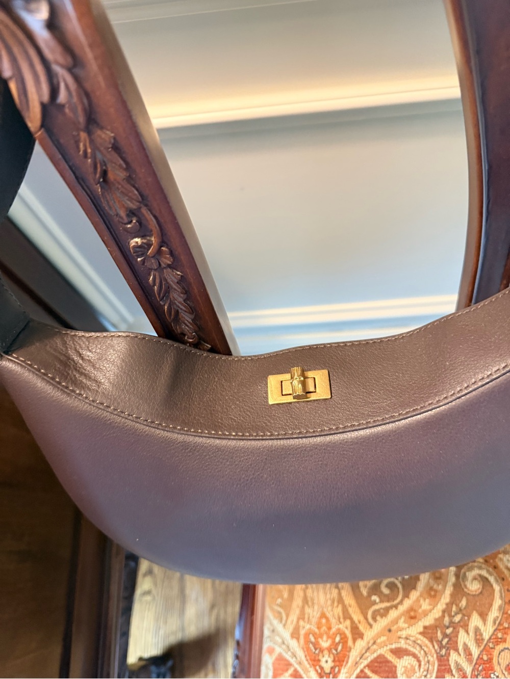 J.McLaughlin NWOT Cocoa Brown Leather handbag. Top bamboo latch closure. - Picture 3 of 15